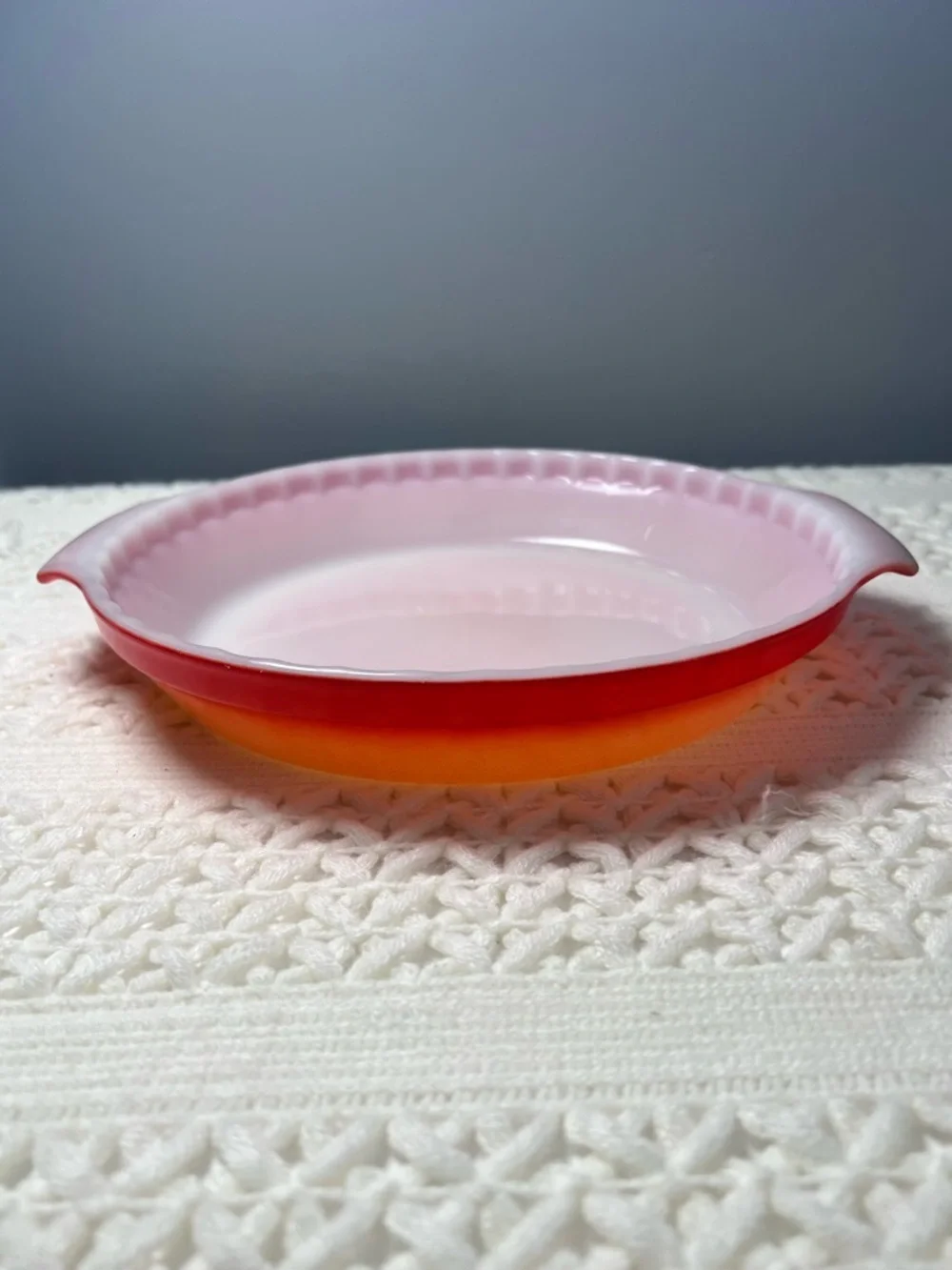 Vintage FIRE KING Red Atomic Orange Ombre 10” Pie Plate by Anchor Hocking